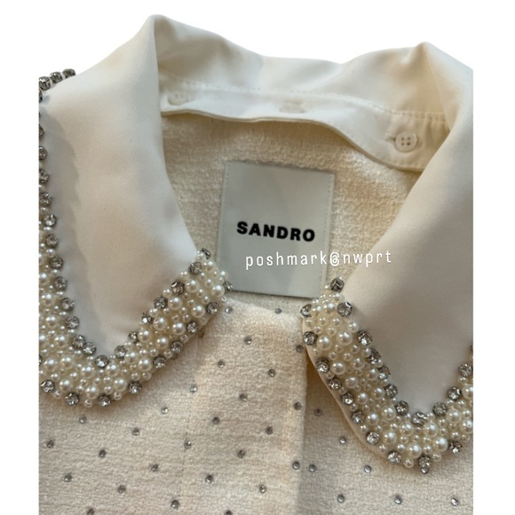 NEW ✨ SANDRO Paris Lahavane Rhinestone Crop Blazer Jacket Blouse Top 34 0 XS - Picture 6 of 13
